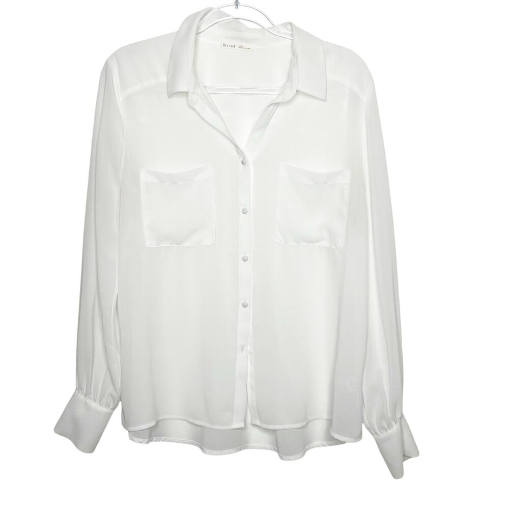 BE COOL Sheer Button Down Shirt Blouse Long Sleeve Cuffed Pockets White Size L